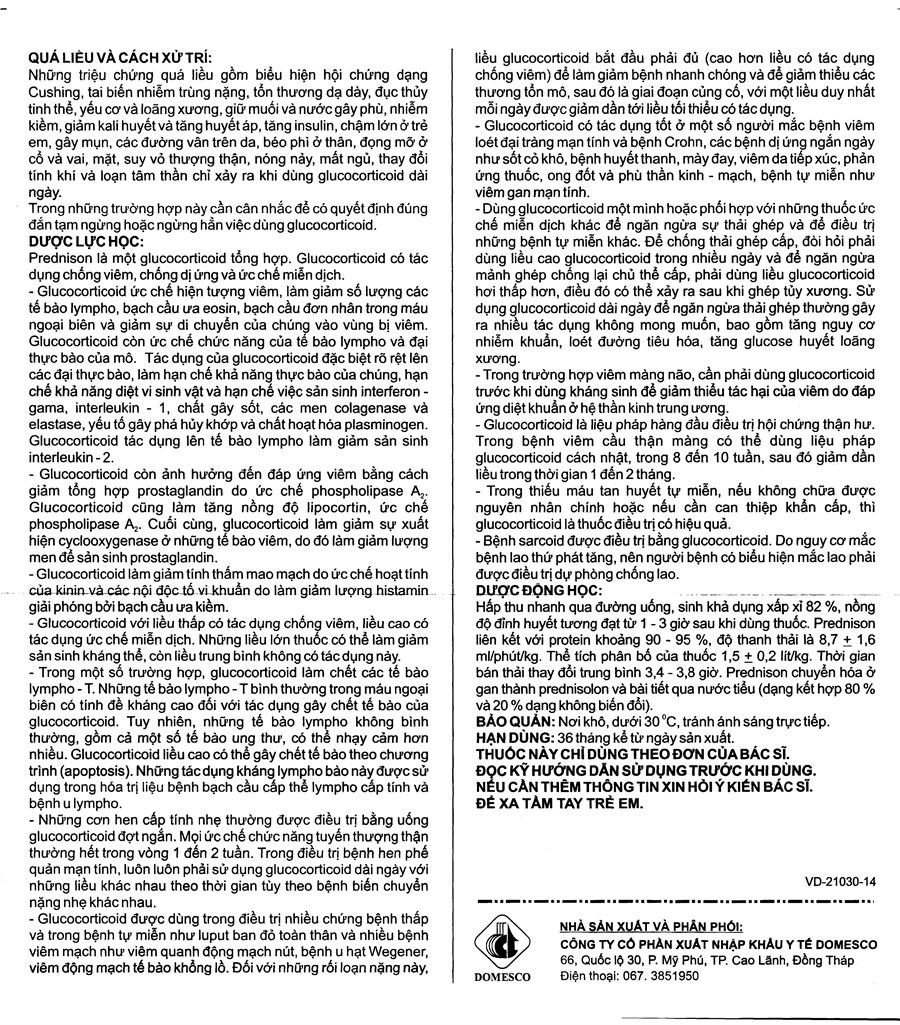 Prednison Domesco 5mg thuốc kháng viêm